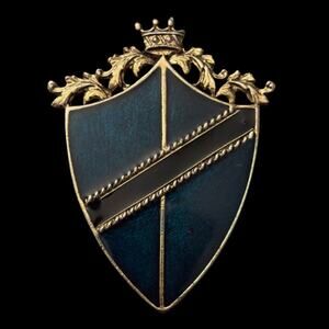 Vintage Gold Toned Metal, Green & Black Enamel Medieval Style Shield Brooch